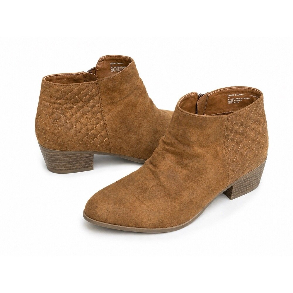 Womens Size 11 Brown Quilted Ankle Boots Booties Side Zip Low Heel Faded Glory
